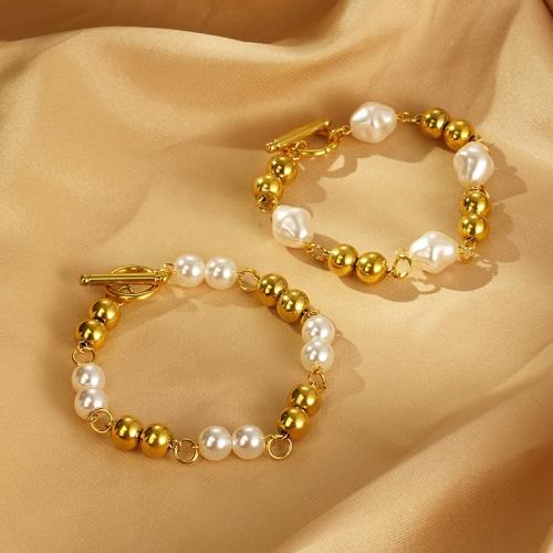 Stainless Steel Jewelry Bracelet 304 Stainless Steel with Plastic Pearl Vacuum Ion Plating & for woman Sold By PC