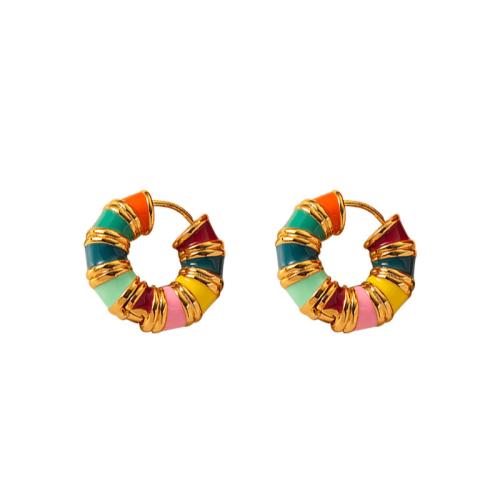 Brass Huggie Hoop Earring Donut gold color plated for woman & enamel Sold By Pair