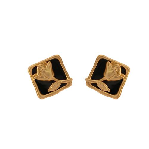 Brass Stud Earring Square gold color plated with flower pattern & for woman & enamel Sold By Pair