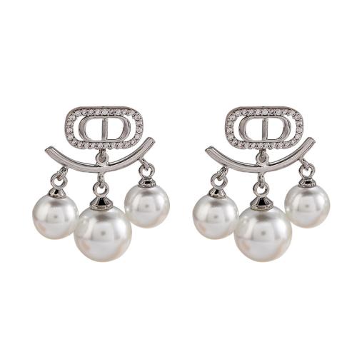 Messing Drop Earring, met Plastic Pearl, platinum plated, voor vrouw & met strass & hol, 20x27mm, Verkocht door pair