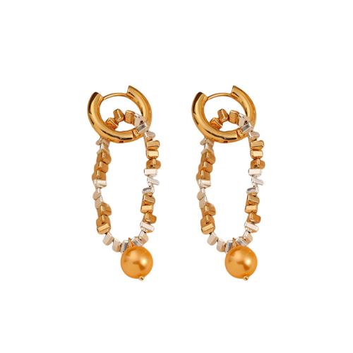 Brass Huggie Hoop Drop Earring with Plastic Pearl Geometrical Pattern plated for woman & hollow Sold By Pair