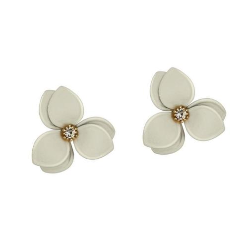 Brass Stud Earring Flower stoving varnish for woman & with rhinestone Sold By Pair