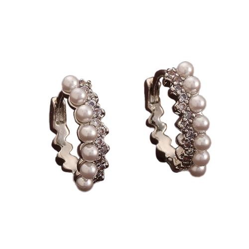 Brass Huggie Hoop Earring with Plastic Pearl platinum color plated micro pave cubic zirconia & for woman Sold By Pair