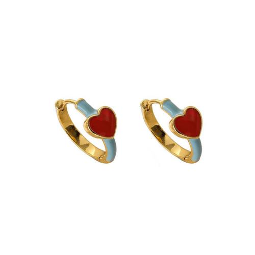 Brass Huggie Hoop Earring Heart gold color plated for woman & enamel Sold By Pair