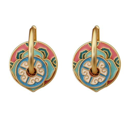 laiton Boucles d'oreilles pendantes Hoop Huggie, Motif géométrique, Placage de couleur d'or, style folk & pour femme & émail, 18x27mm, Vendu par paire