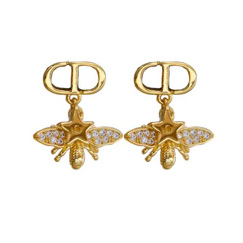 Brass Split Earring Bee gold color plated micro pave cubic zirconia & for woman & hollow Sold By Pair