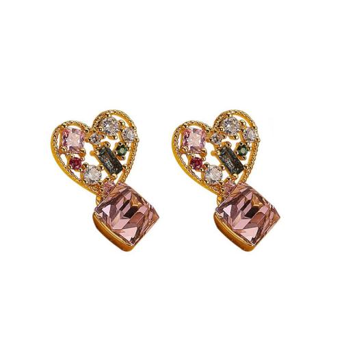 Brass Drop Earring Heart gold color plated micro pave cubic zirconia & for woman & hollow Sold By Pair