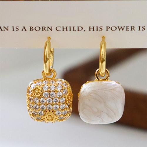 Brass Huggie Hoop Drop Earring Square gold color plated micro pave cubic zirconia & for woman & enamel Sold By Pair