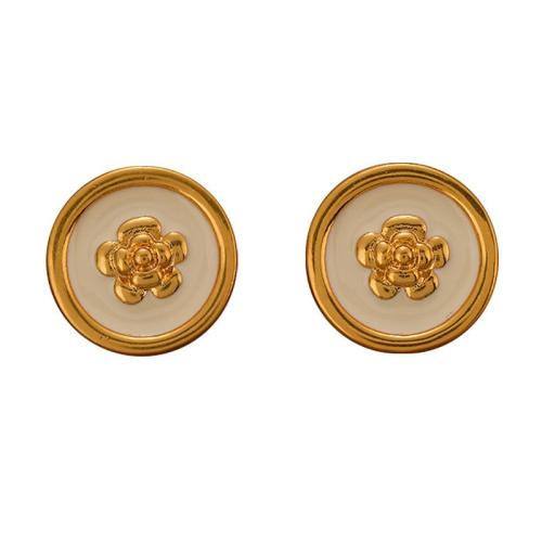 Brass Stud Earring Round gold color plated with flower pattern & for woman & enamel 21mm Sold By Pair