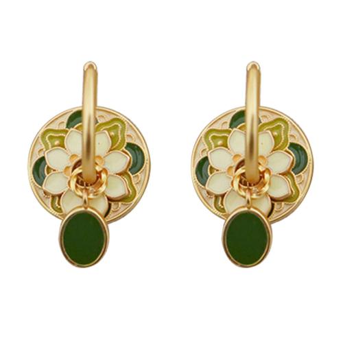 Brass Huggie Hoop Drop Earring Flower gold color plated folk style & for woman & enamel Sold By Pair