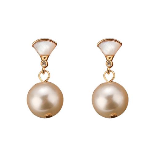 Brass Drop Earring with White Shell & Glass Pearl Geometrical Pattern gold color plated vintage & for woman Sold By Pair