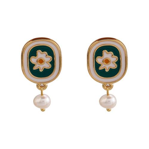 Brass Drop Earring with Freshwater Pearl Geometrical Pattern gold color plated with flower pattern & for woman & enamel Sold By Pair