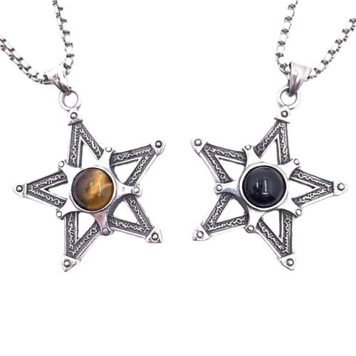 Stainless Steel Jewelry Necklace 304 Stainless Steel with Tiger Eye & Black Stone Star & Unisex Sold By PC