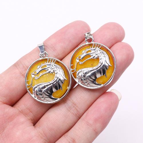 Gemstone Pendants Jewelry Natural Stone with Zinc Alloy Dragon silver color plated DIY Sold By PC