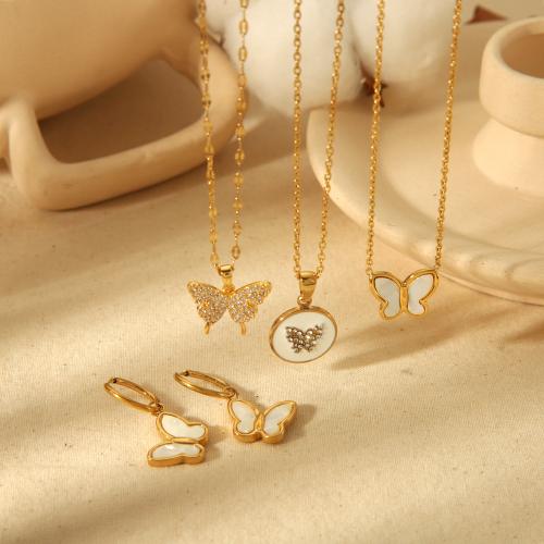 Rhinestone Stainless Steel Jewelry Set earring & necklace 304 Stainless Steel with Shell Butterfly gold color plated & for woman & with rhinestone Sold By PC