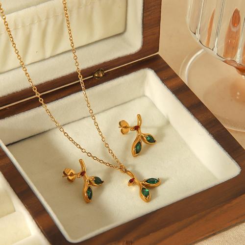 Cubic Zirconia Stainless Steel Jewelry Sets Stud Earring & necklace 304 Stainless Steel Leaf gold color plated & micro pave cubic zirconia & for woman Sold By PC