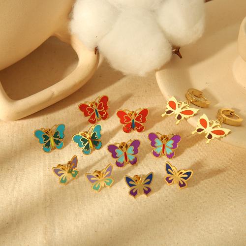 Stainless Steel Stud Earrings 304 Stainless Steel Butterfly gold color plated & for woman & enamel Sold By Pair