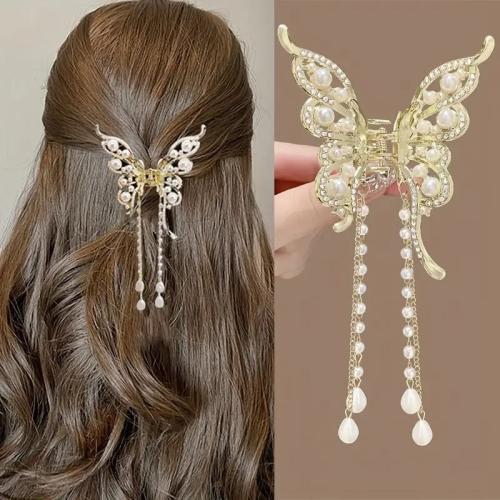 Hair Claw Clips Zinc Alloy with Plastic Pearl Butterfly plated fashion jewelry & with rhinestone golden nickel lead & cadmium free Sold By PC