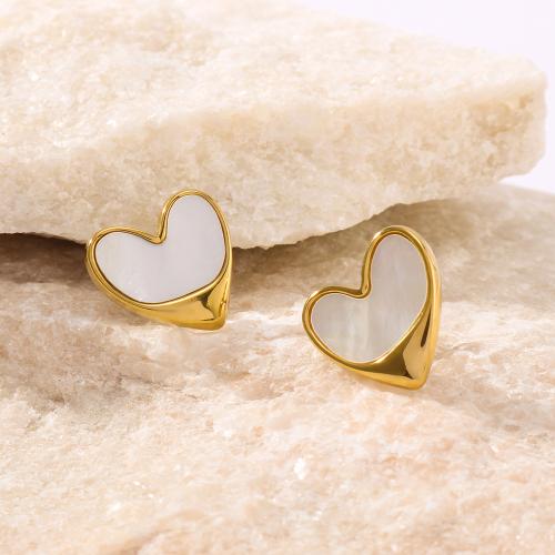 Roestvrij staal Stud Earrings, 304 roestvrij staal, met Schelp, Hart, gold plated, mode sieraden, gouden, 15x15mm, Verkocht door pair