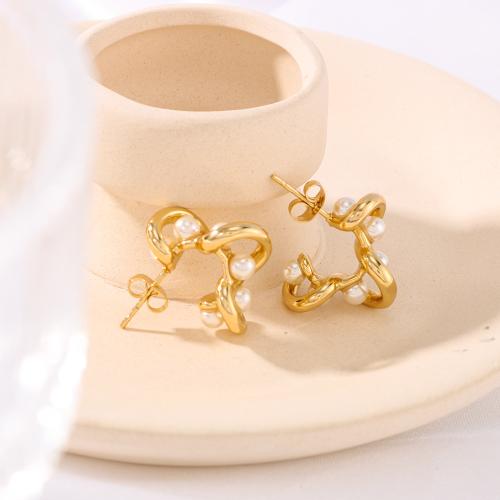 Stainless Steel Stud Earrings 304 Stainless Steel with Plastic Pearl plated fashion jewelry golden Sold By Pair