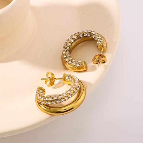 Stainless Steel Stud Earrings 304 Stainless Steel gold color plated fashion jewelry & with rhinestone golden Sold By Pair