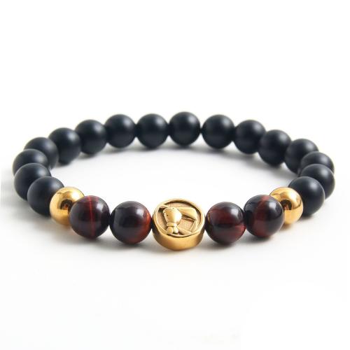 Gemstone Bracelets Abrazine Stone with Elastic Thread & 304 Stainless Steel gold color plated fashion jewelry & Unisex black Length 7.1 Inch Sold By PC