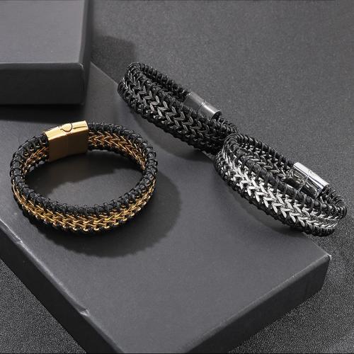 Bracelet de cuir de vachette, Acier inoxydable 304, avec cuir de peau de vache, bijoux de mode & pour homme, plus de couleurs à choisir, Vendu par PC