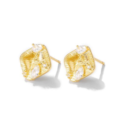 Clou boucle d'oreille en laiton, Plaqué d'or, DIY & pavé de micro zircon, Or, 13x13mm, Vendu par paire