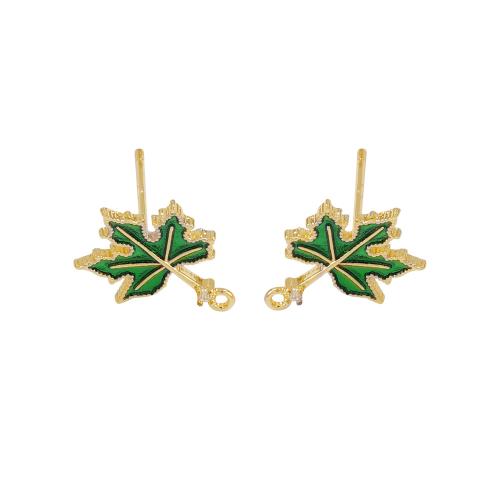 Clou boucle d'oreille en laiton, Feuille d'érable, Plaqué d'or, DIY & pavé de micro zircon & émail, Or, 9x13mm, Vendu par paire