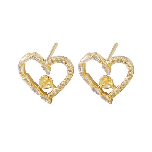 Affissi per orecchino in ottone , Cuore, placcato oro vero, DIY & Micro spianare cubic zirconia, oro, 13x11mm, Venduto da coppia