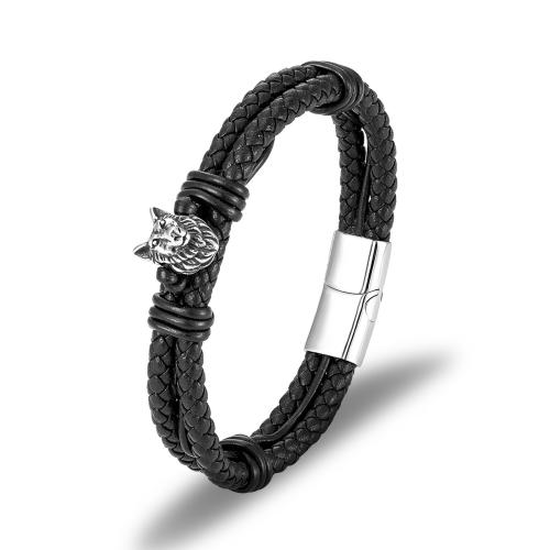 Leather Cord Bracelet 304 Stainless Steel with leather cord Round polished Double Layer & for man Sold By PC