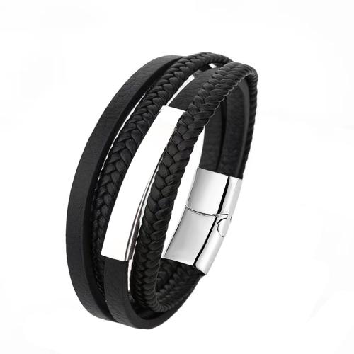 Leather Cord Bracelet 304 Stainless Steel with leather cord Round polished multilayer & for couple Sold By PC