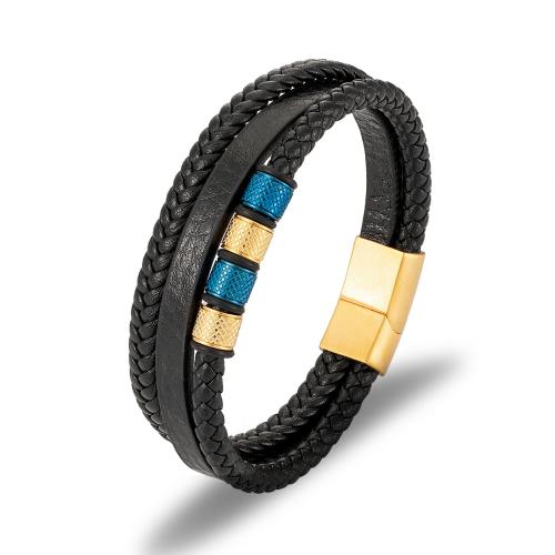 Bracelet cordon en cuir, Acier inoxydable 304, avec cordon en cuir, Placage, trois couches & normes différentes pour le choix & pour homme, plus de couleurs à choisir, Vendu par PC