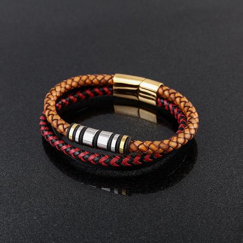 Leather Cord Bracelet 304 Stainless Steel with Leather plated three layers & for man Sold By PC