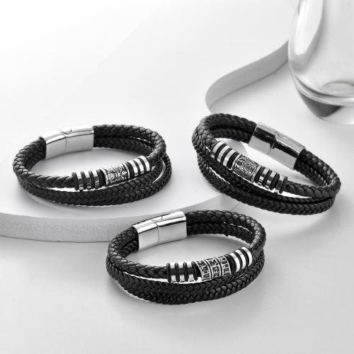 Leather Cord Bracelet 304 Stainless Steel with leather cord Vacuum Ion Plating three layers & for man Sold By PC