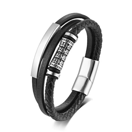 Leather Cord Bracelet 304 Stainless Steel with leather cord Vacuum Ion Plating three layers & for man Sold By PC