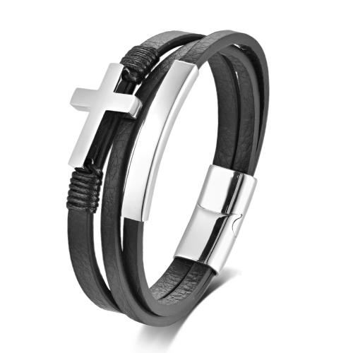 Leather Cord Bracelet 304 Stainless Steel with leather cord Vacuum Ion Plating three layers & for man Sold By PC