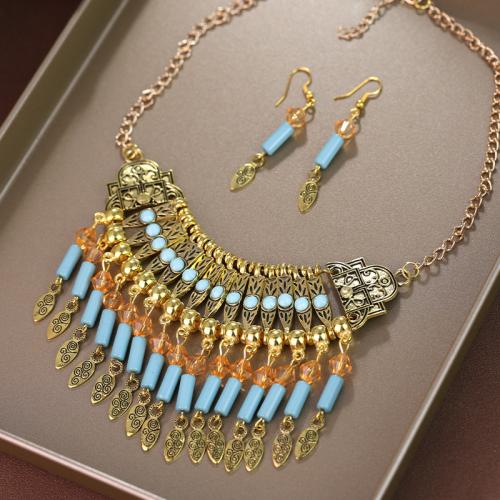 Zinc Alloy Jewelry Set earring & necklace with Glass & Resin antique gold color plated 2 pieces & Bohemian style & for woman Sold By Set