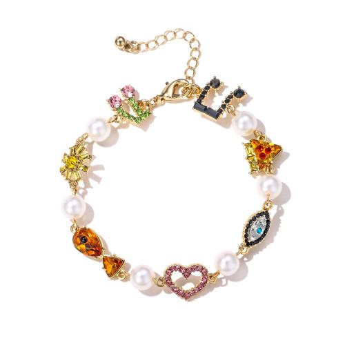 Zinc Alloy Bracelet with Shell & Plastic Pearl gold color plated & for woman & with rhinestone Sold By PC