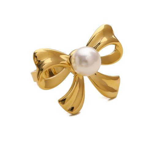 Stainless Steel Finger Ring 304 Stainless Steel with Plastic Pearl Bowknot fashion jewelry & for woman golden Sold By PC