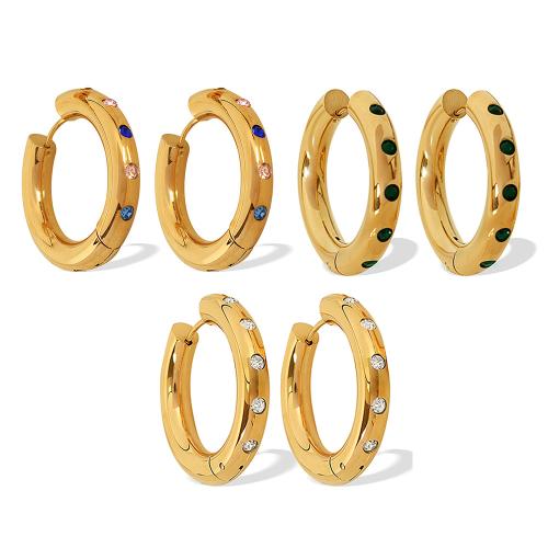 Brinco de argola de aço inoxidável de Mens, Aço inoxidável 304, 18K banhado a ouro, joias de moda & para mulher & com strass, dourado, 30x30mm, vendido por par