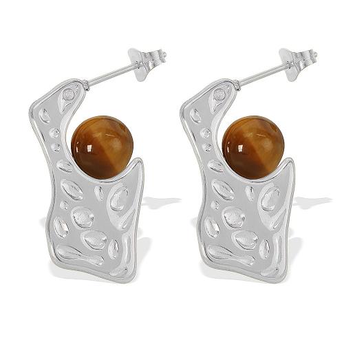 Stainless Steel Stud Earrings 304 Stainless Steel with Tiger Eye fashion jewelry & for woman Sold By Pair