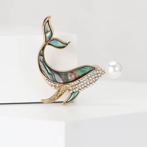 Zinc Alloy Brooches with Abalone Shell & Plastic Pearl Whale gold color plated for woman & with rhinestone nickel lead & cadmium free Sold By PC