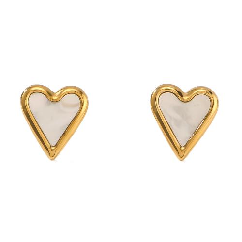 Roestvrij staal Stud Earrings, 304 roestvrij staal, met White Shell, Hart, gold plated, mode sieraden, gouden, 16x16mm, Verkocht door pair