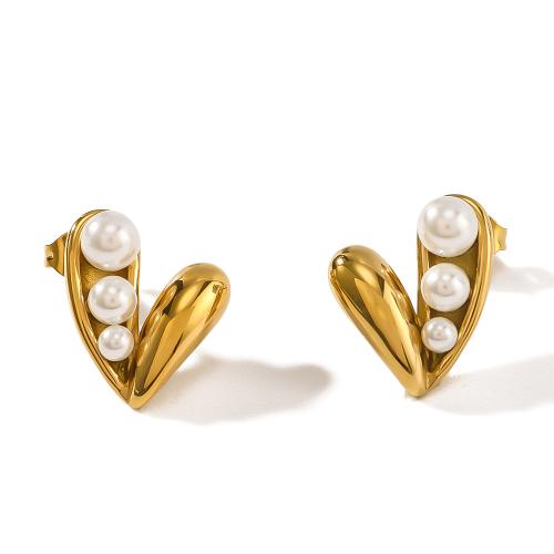 Roestvrij staal Stud Earrings, 304 roestvrij staal, met Plastic Pearl, gold plated, mode sieraden, gouden, 14x16mm, Verkocht door pair