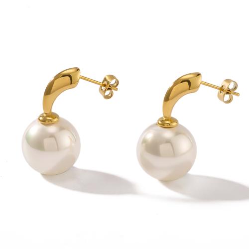 Roestvrij staal Stud Earrings, 304 roestvrij staal, met Plastic Pearl, gold plated, mode sieraden, gouden, 14x27mm, Verkocht door pair