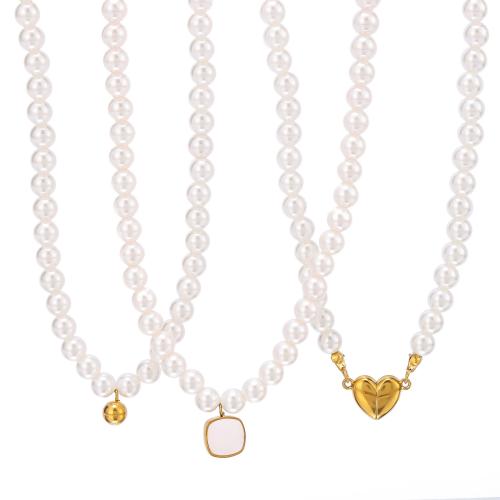 Plastic Pearl Necklace 304 Stainless Steel with Shell & Plastic Pearl gold color plated fashion jewelry golden Sold By PC