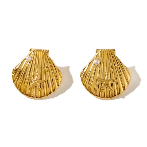 304 roestvrij staal Stud Earring, met Plastic Pearl, gold plated, mode sieraden, gouden, 35x35mm, Verkocht door pair