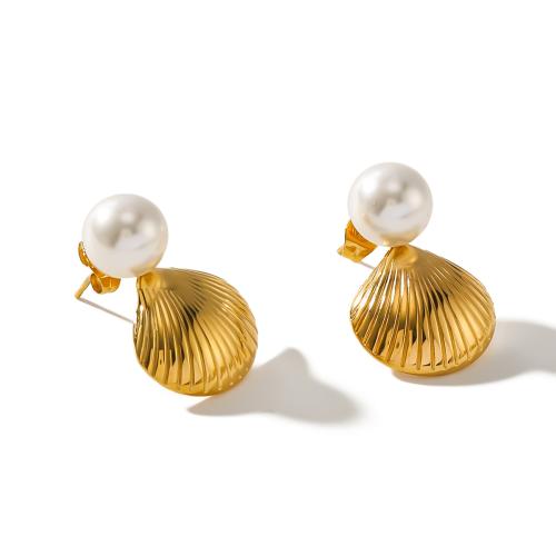 304 roestvrij staal Drop Earring, met Plastic Pearl, gold plated, mode sieraden, gouden, 18x18mm, Verkocht door pair