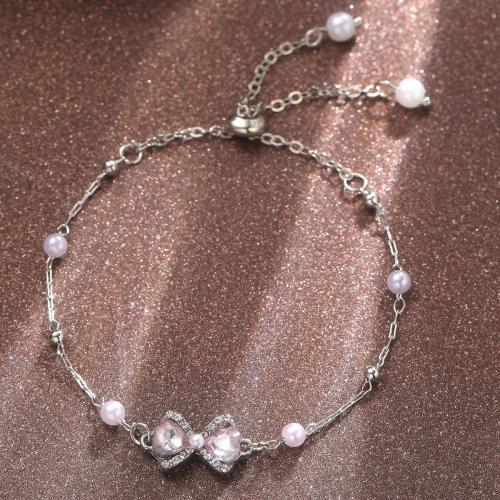 Zinc Alloy Bracelet with Plastic Pearl fashion jewelry & for woman & with rhinestone silver color Length 25 cm Sold By PC